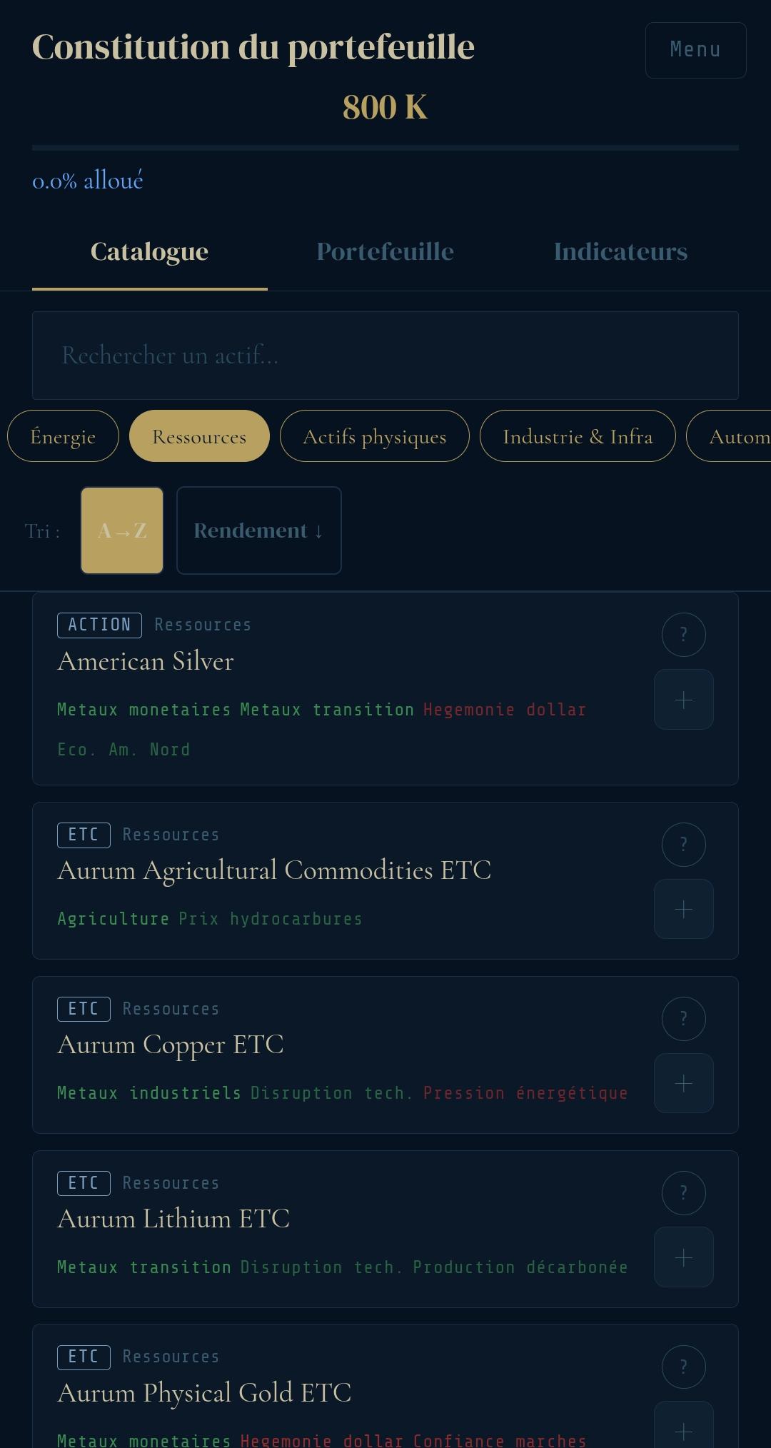 Interface de constitution du portefeuille Conviction