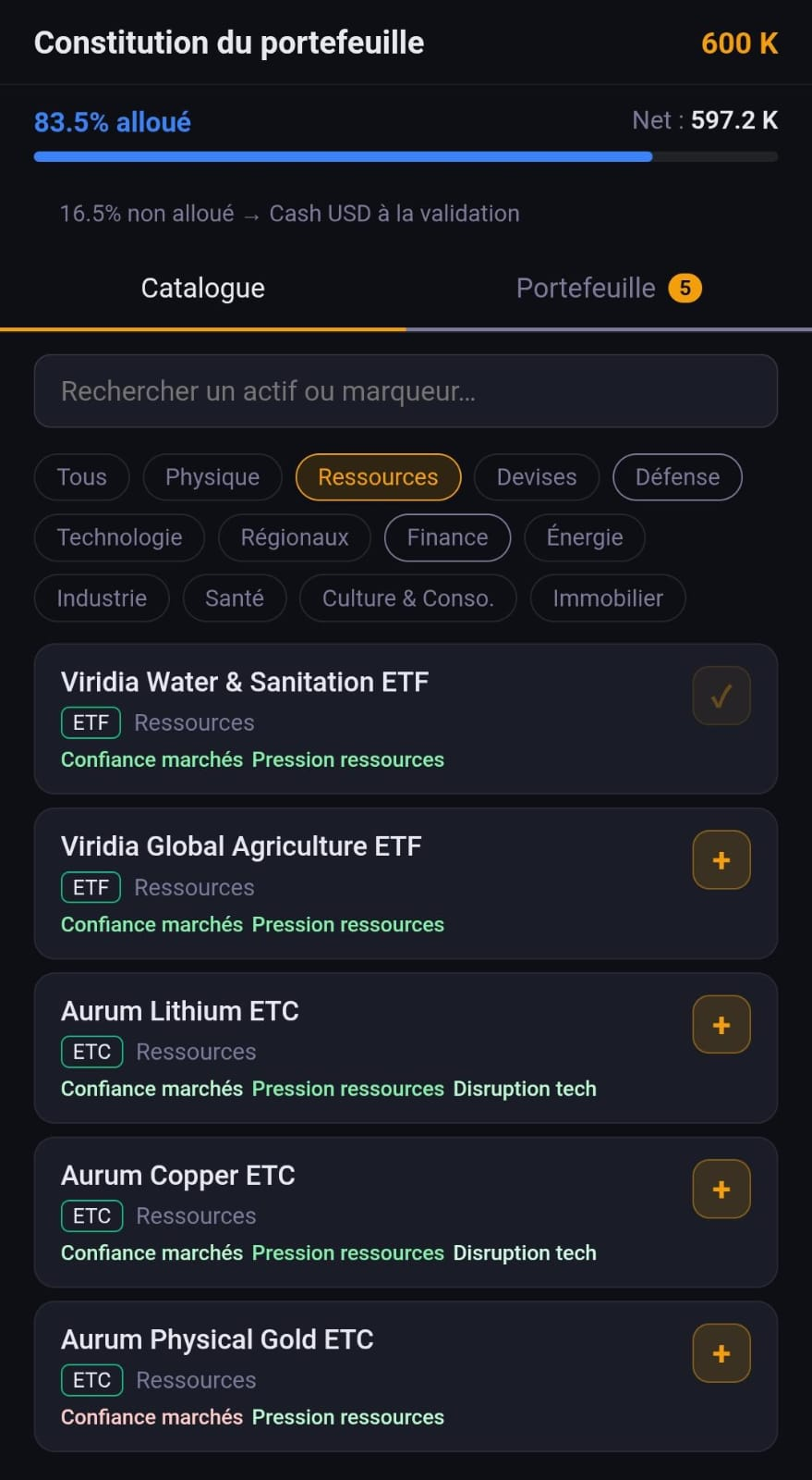 Interface de constitution du portefeuille Conviction